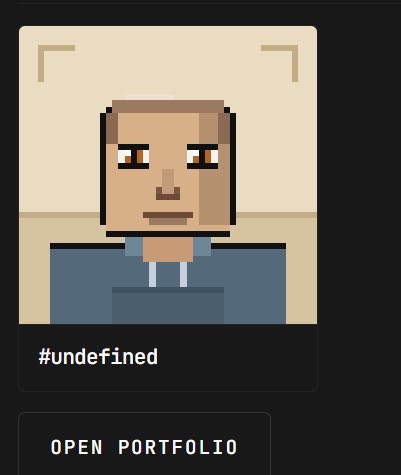 A pixel-art avatar NFT displayed in a digital frame shows a bald, light-skinned character with brown eyes and a neutral expression, labeled "#undefined" with an "OPEN PORTFOLIO" button below. The image illustrates the post, depicting the user's newly minted NFT collection on the zaddrnet (Zora) blockchain following their wallet sync.