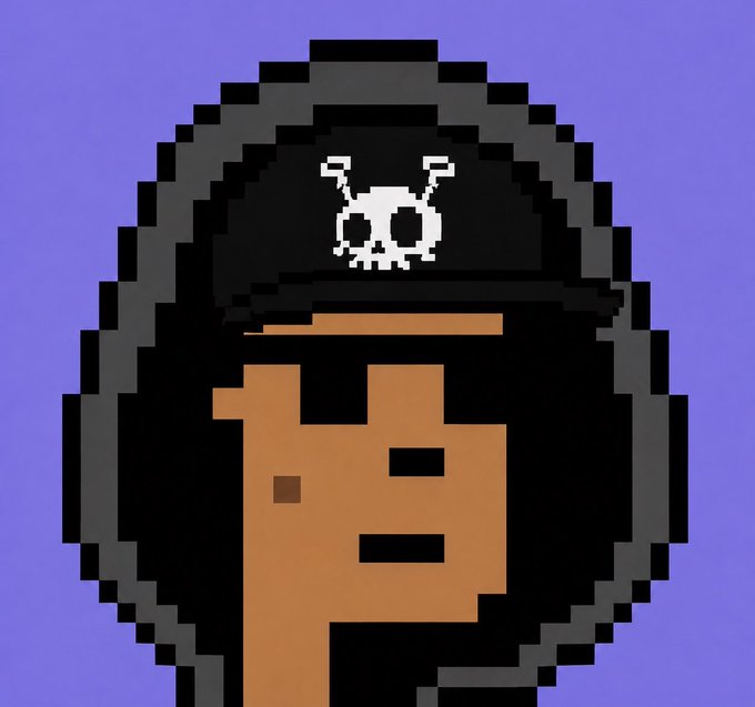 A pixel art illustration of a hooded figure wearing a black hat and cloak, with a white skull icon featuring antennae displayed on the front of the hat, set against a solid purple background.
