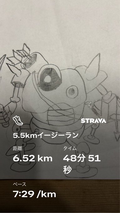 A Strava running stats screenshot showing a 5.5km easy run completed at 6.52 km / 48分51秒 (48 minutes 51 seconds), with a pace of 7:29/km, displayed over a pencil sketch drawing.