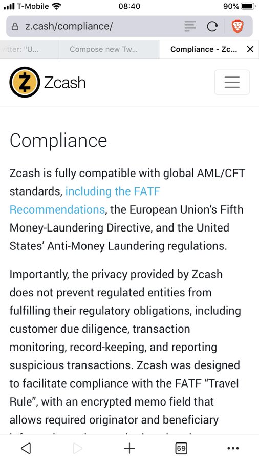 A mobile screenshot of the z.cash/compliance/ webpage displays text about Zcash being 'fully compatible with global AML/CFT standards' and references FATF Recommendations and EU/US Anti-Money Laundering regulations.
