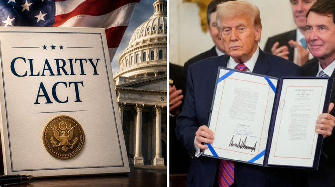 This image shows a document titled "CLARITY ACT" next to a photo of Donald Trump holding a signed bill, symbolizing the legislative process and potential passage of the act.