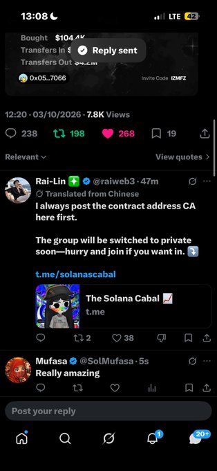 A screenshot of a social media feed (X/Twitter) showing posts including a financial transaction notification ($104), a translated post by Rai-Lin (@raiweb3) about a Solana group ('The Solana Cabal' at t.me/solanascabal), and a reply by @SolMufasa saying 'Really amazing'.