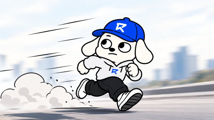 A cartoon white dog wearing a blue cap with the letter "R" and a shirt with "TR" runs across a road, kicking up dust.