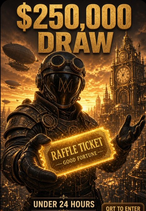 A promotional graphic for a '$250,000 DRAW' featuring a steampunk-style armored figure holding a glowing 'RAFFLE TICKET' with text reading 'GOOD FORTUNE', 'UNDER 24 HOURS', and 'PORT TO ENTER'.