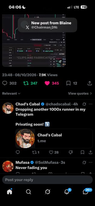 A screenshot of a Twitter/X feed shows a post about a financial chart with the text "CLIPS ARE FABRICATED", followed by replies including one from @chadscabal saying "Dropping another 1000x runner in my Telegram soon!" and a reply from @SolMufasa saying "Never fading you".