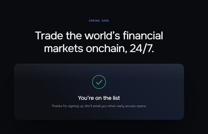 The image shows a dark-themed "Coming Soon" landing page with the headline "Trade the world's financial markets onchain, 24/7," featuring a confirmation card that reads "You're on the list" with a green checkmark, indicating successful signup for early access to Tickr, a crypto trading platform being promoted in the post.
