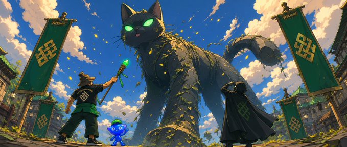 A fantasy illustration showing characters confronting a giant glowing-eyed black cat in a village setting, flanked by green banners with Japanese-style symbols.