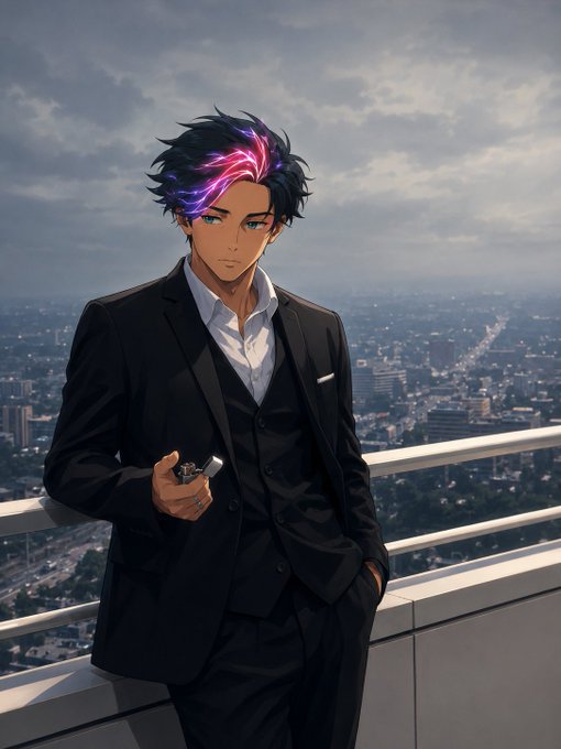 An anime-style illustration of a young man with dark hair featuring purple highlights, wearing a black suit, holding a phone with a city skyline visible at dusk in the background.