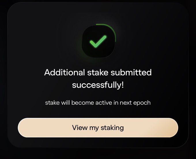 A dark-themed confirmation pop-up displays a green checkmark icon with the message "Additional stake submitted successfully!" and notes that the "stake will become active in next epoch," along with a "View my staking" button. The notification confirms the user's recent staking action for $ASTER, as mentioned in the accompanying post.