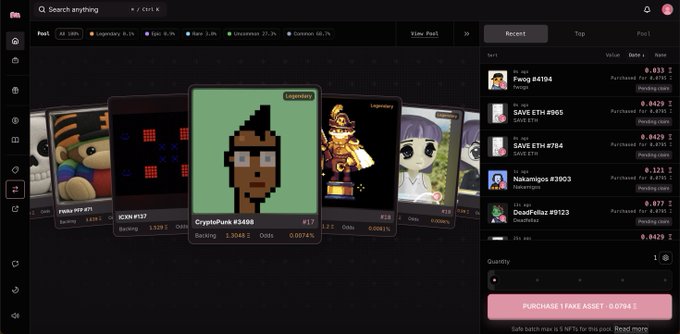 An NFT marketplace interface shows a selected CryptoPunk #5498 priced at 0.0784 ETH, with a purchase panel on the right and a 'PURCHASE 1 FAKE ASSET' button at the bottom.