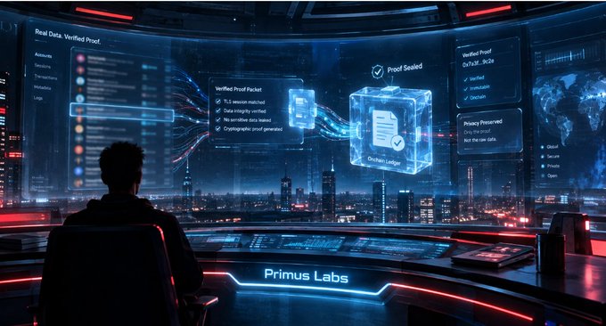 A person sits before a large futuristic curved screen displaying data verification interfaces with text like 'Real Data, Verified Proof', 'Proof Sealed', and 'Primus Labs'.