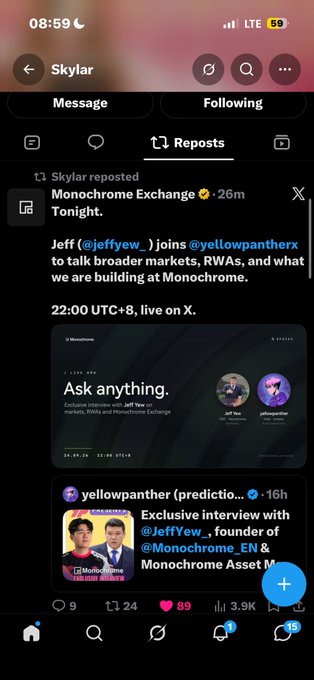 A screenshot of the Skylar X profile showing a repost about a Monochrome Exchange live AMA session at 22:00 UTC+8, featuring an exclusive interview with Jeff Yew, founder of Monochrome.