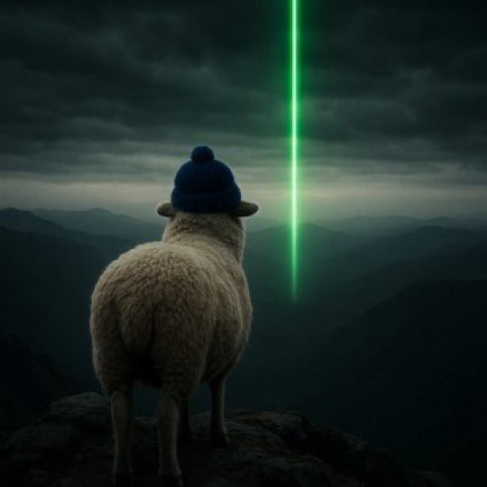 A sheep wearing a dark blue beanie stands on a cliff edge overlooking misty mountains, gazing at a glowing green laser beam descending from stormy clouds.