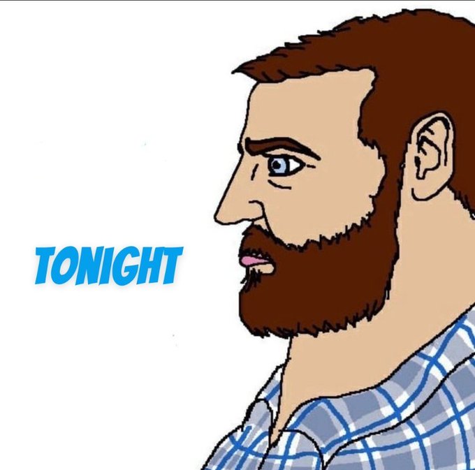 A cartoon-style drawing of a bearded man in profile wearing a blue plaid shirt, with the word 'TONIGHT' displayed in blue text on the left.