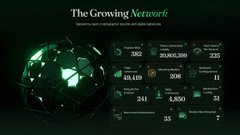 A dark-themed dashboard titled "The Growing Network" displays key metrics including 382 Total Engines, 41,419 Daily inferences, 208 Attesting wallets, 241 Daily active Engines, 4,850 Daily inferences, and 33 Wallets—mirroring the post's announcement of rapid 5-day growth across Total Engines (382 → 629), Daily active Engines (241 → 400), Daily inferences (4,850 → 9,039), and Attesting wallets (208 → 270). The left side features a glowing green geometric network graphic, visually reinforcing the expanding decentralized infrastructure.