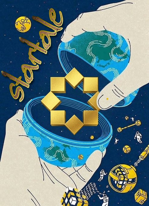 The illustration depicts two hands cradling a blue, Earth-like sphere that opens to reveal a glowing yellow star shape, surrounded by floating astronauts, a satellite, and the words "Star History" written in golden, starry text. The artwork visualizes the post's message of "harvesting" achievements and credibility, portraying the star as a coveted, collectible reward emerging from the Earth itself.