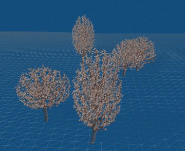 3D-rendered trees with gray foliage on a blue grid background, displaying varying levels of detail and density.