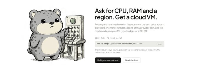 The image shows a cartoon bear next to a machine with a control panel, alongside promotional text for Reachpad dev/router/skill.md that reads "Ask for CPU, RAM and a region. Get a cloud VM" and invites users to "set up https://reachpad.dev/router/skill.md" with options to "Build your own machine now" or "Read the docs." This illustrates the new Reachpad Router service, which lets users simply request resources (CPU, RAM, region) rather than picking a specific provider, as the system automatically finds the cheapest match across providers like Daytona, E2B, Modal, Runloop, Smolmachines, OpenComputer, and Blaxel.