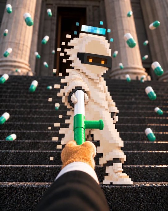 A pixel-art character emerges from what appears to be a glitching portal on courthouse steps, wielding a green sword to deflect scattered green-and-white pills, visually symbolizing the post's theme of fending off meme coin distractions to identify the true underlying narrative in trading.