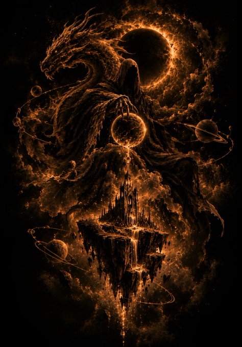 A dark fantasy illustration featuring a cosmic dragon with planets, a solar eclipse, and a glowing gothic castle on a floating island.