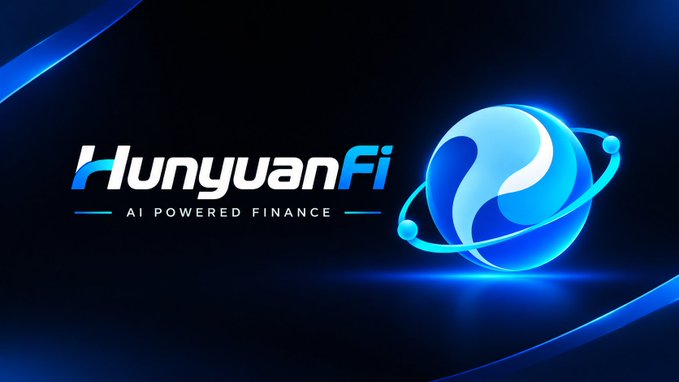 A logo banner for 'HunyuanFi' with the tagline 'AI POWERED FINANCE' displayed in white and blue text next to a glossy blue sphere with orbital rings on a dark background.