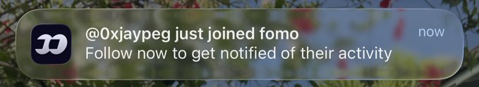 A FOMO notification banner appears reading "@0xjaypeg just joined fomo — Follow now to get notified of their activity," set against a blurred floral background. The notification aligns with the post promoting user 0xjaypeg's new profile on fomo.family, announcing their arrival to the platform.
