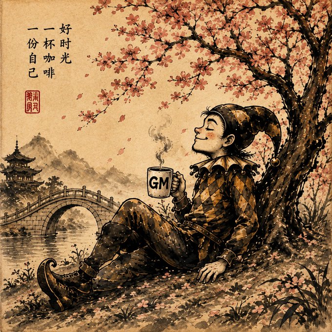 An illustration of a jester in a harlequin outfit sitting under a cherry blossom tree, holding a steaming 'GM' mug, with Chinese text reading '好时光 一杯咖啡 一份自己' (Good times, a cup of coffee, a piece of yourself).
