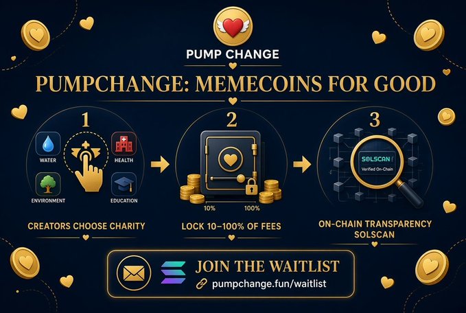 A promotional graphic for "Pump Change" featuring a winged heart logo and the tagline "PUMPCHANGE: MEMECOINS FOR GOOD," with a three-step illustration showing creators choosing a charity (Water, Health, Environment, Education), locking 10–100% of fees, and verifying on-chain transparency via Solscan, alongside a call to "JOIN THE WAITLIST" at pumpchange.fun/waitlist. The image visually supports the post's claim about @changedotfun's launchpad, which builds a mandatory charity mechanic (locking 10–100% of trading fees for a cause) directly into Solana memecoin creation.