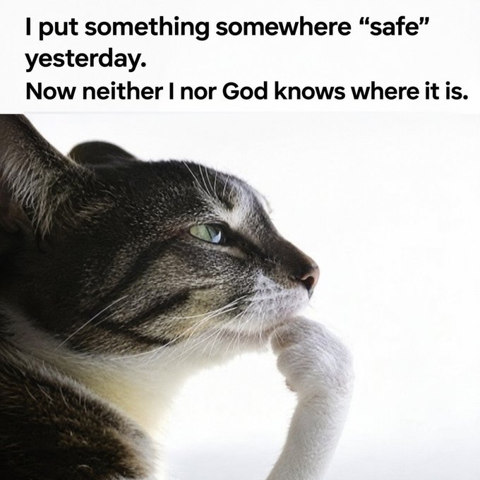 A profile photo of a tabby cat resting its chin on its paw, accompanied by the text: 'I put something somewhere "safe" yesterday. Now neither I nor God knows where it is.'