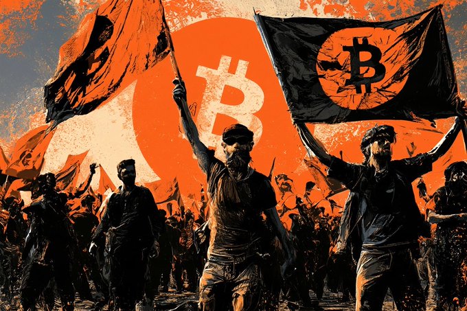 A stylized orange and black illustration of a crowd of people holding flags bearing the Bitcoin (₿) logo, with a large Bitcoin symbol in the background.