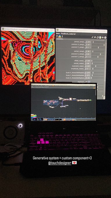 A nighttime photo of a laptop and external monitor displaying a generative design interface with colorful abstract visuals and sliders, with text 'Generative system + custom component <3 @touchdesigner' at the bottom.