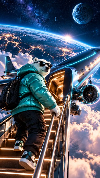An AI-generated image features an anthropomorphic bear in a puffer jacket and sunglasses boarding a futuristic airplane, with Earth and a galaxy visible in the background.
