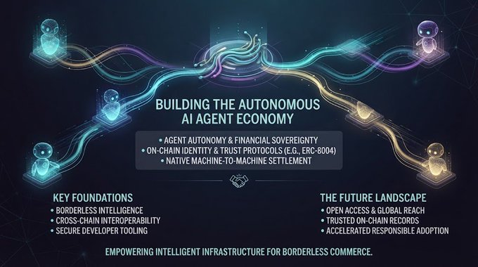 The image is an infographic titled "BUILDING THE AUTONOMOUS AI AGENT ECONOMY," featuring glowing interconnected nodes and streams symbolizing AI agents linked across a network, with text highlighting key pillars like agent autonomy, financial sovereignty, on-chain identity & trust protocols (e.g., ERC-8004), native machine-to-machine settlement, borderless intelligence, cross-chain interoperability, and secure developer tooling—visually reinforcing the post's message about AI agents gaining financial autonomy to participate in borderless, machine-to-machine commerce.