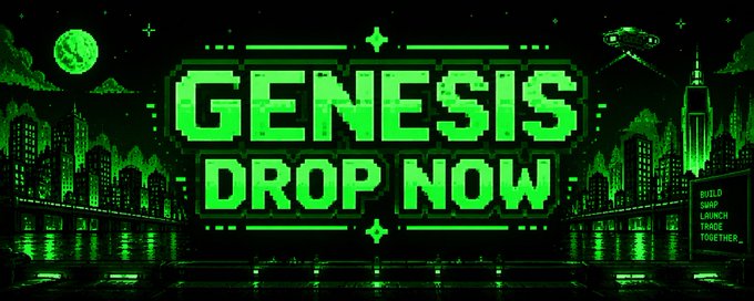 A green retro pixel-art banner reads "GENESIS DROP NOW" with a cityscape, moon, and UFO in the background, accompanied by a side panel listing "BUILD, SHIP, LAUNCH, TRADE, TOGETHER." The bold, vintage arcade-style design reinforces the urgency of the mint announcement for the Genesis project at seisterminal.xyz.