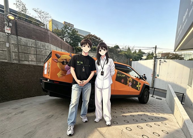 Two people stand in front of an orange Tesla Cybertruck featuring "XLAP" logos along with Pikachu-style artwork, with one person wearing a "XLAP" branded black shirt and the other in a white outfit. The image ties to the post by celebrating a five-year friendship and partnership with the Flap (XLAP) project on BNBChain.