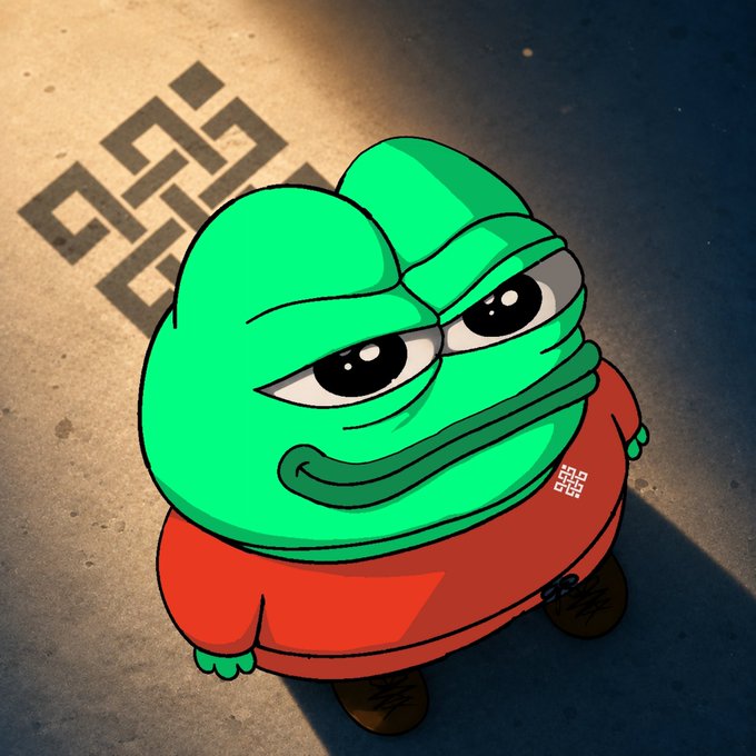 A cartoon illustration of Pepe the Frog wearing an orange shirt, standing on a concrete surface with a logo pattern in the background.