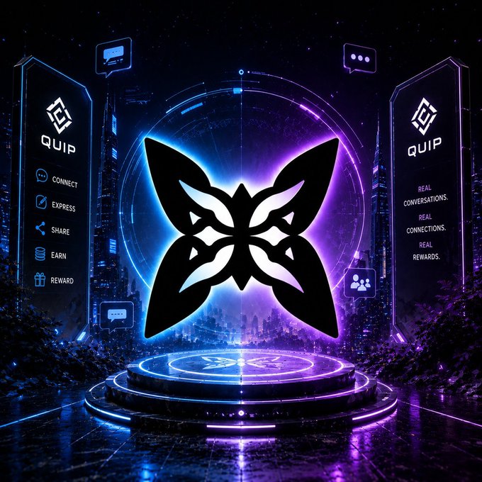 A digital promotional graphic featuring a glowing butterfly logo on a neon-lit platform with text reading 'QUIP', 'CONNECT', 'EXPRESS', 'SHARE', 'EARN', 'REWARD', 'REAL CONVERSATIONS.', 'REAL CONNECTIONS.', and 'REAL REWARDS.'