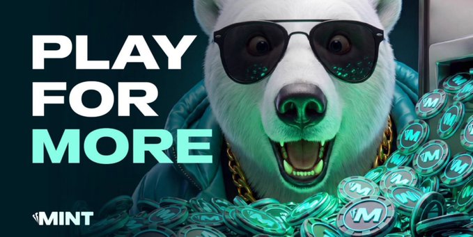 An advertisement for MINT featuring a white bear wearing sunglasses surrounded by stacks of M-branded coins, with the text 'PLAY FOR MORE' and the MINT logo.