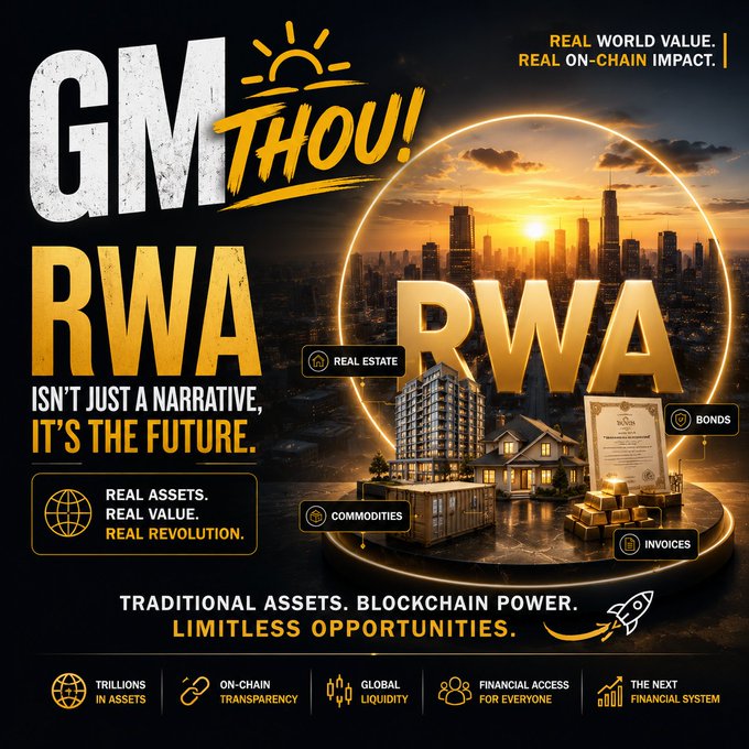 A promotional graphic featuring 'GM THOU!!' and 'RWA ISN'T JUST A NARRATIVE, IT'S THE FUTURE' alongside images of real estate, bonds, commodities, and invoices, with text 'TRADITIONAL ASSETS. BLOCKCHAIN POWER. LIMITLESS OPPORTUNITIES.'