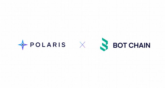 A collaboration announcement graphic showing the 'POLARIS' logo with a star icon next to an 'X' and the 'BOT CHAIN' logo with a teal icon.