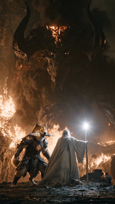 A dramatic fantasy scene depicts a warrior with a sword and a robed wizard with a staff facing a massive, fiery horned demon emerging from smoke and flames.