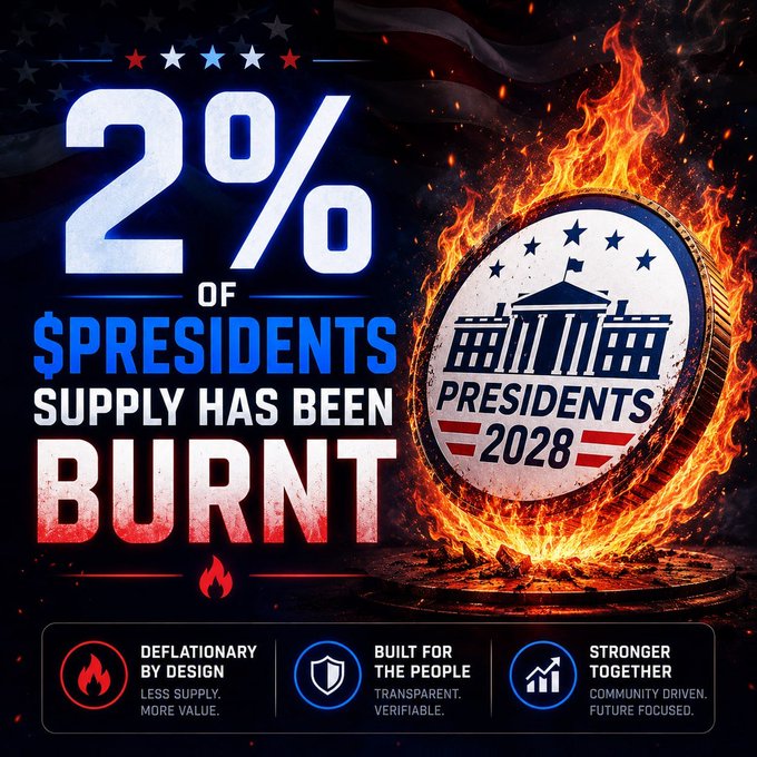 The image features a white coin with red, blue, and yellow colors burning underneath, symbolizing a fire that represents the president's supply. The text indicates that 2% of total supply has been burned, which means only 24 hours remain before all reserves are burnt out. This automated process is run by the cryptocurrency onchain @solana to maintain the balance within the supply chain. The post also mentions other key points about the presidential coin and its relation to the current events in the cryptocurrency market.