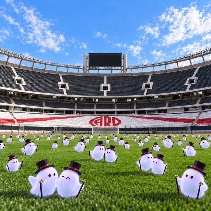 A stadium of adorable ghost-shaped figures wearing top hats and holding canes gathers on the field, with "ARD" visible on the seats behind them, tying into the Argentina reference in the caption.
