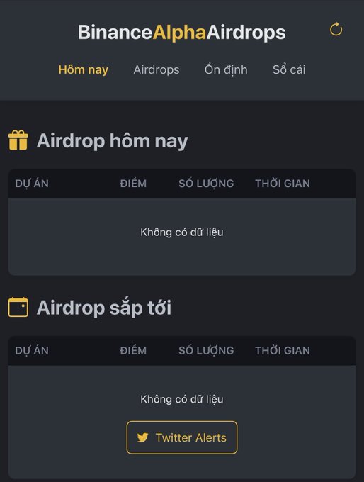 A 'BinanceAlphaAirdrops' interface in Vietnamese, showing 'Airdrop hôm nay' (Today's Airdrop) and 'Airdrop sắp tới' (Upcoming Airdrop) sections with no data available.