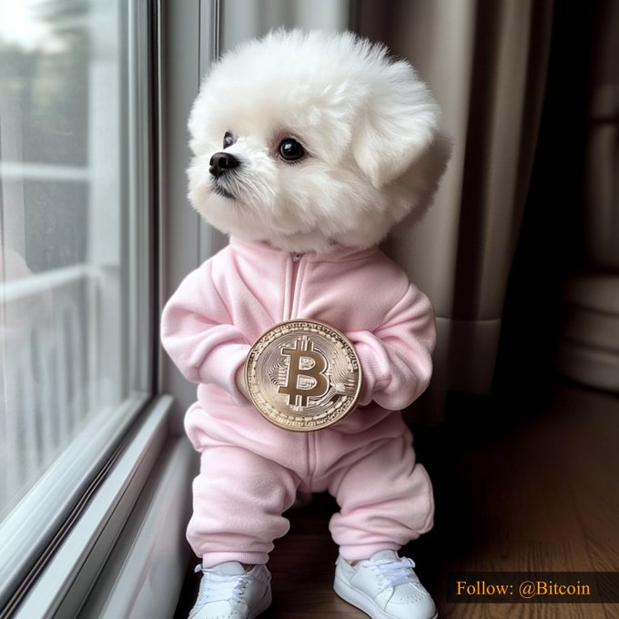 A fluffy white Bichon Frise puppy wearing a pink tracksuit and white sneakers stands by a window holding a gold Bitcoin medallion, visually pairing with the post highlighting Bitcoin's current price of $82,122.30.