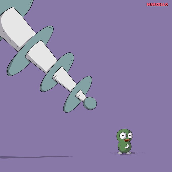 A small green cartoon creature stands wide-eyed and frightened in the bottom right corner as a massive, drill-like object descends toward it from the upper left, set against a solid purple background with "MARCELLO" signed in red in the top right.

The image humorously illustrates the post's metaphor of being a helpless "GM bear market survivor" facing an overwhelming, inescapable threat—represented by the looming drill closing in on the tiny, vulnerable character.