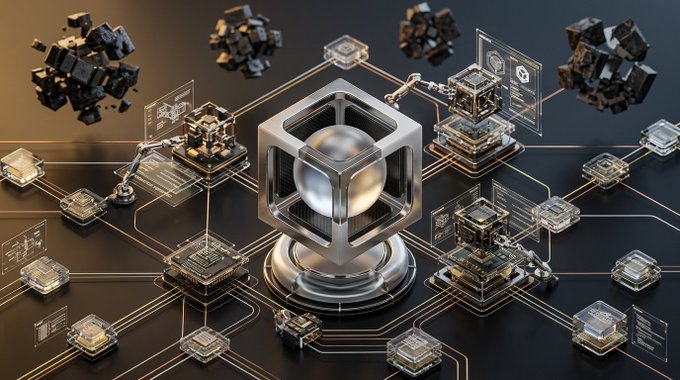 A 3D digital rendering of a futuristic technology network featuring a central metallic cube with a glowing sphere inside, connected by circuit-like pathways to smaller cubes and holographic data displays on a dark surface.