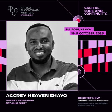 A promotional poster for the 'Africa Blockchain Festival' (Kigali 2026) featuring Aggrey Heaven Shayo, Founder and Heading of BitcoinSmartz, with event details indicating Nairobi, Kenya, 15-17 October 2026.