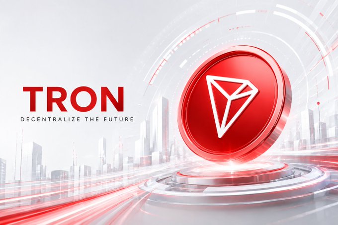 The image showcases the TRON logo with its tagline "DECENTRALIZE THE FUTURE" against a futuristic cityscape with red light streaks, visually reinforcing the post's message about TRON providing reliable infrastructure as a foundation for next-generation Web3 development.