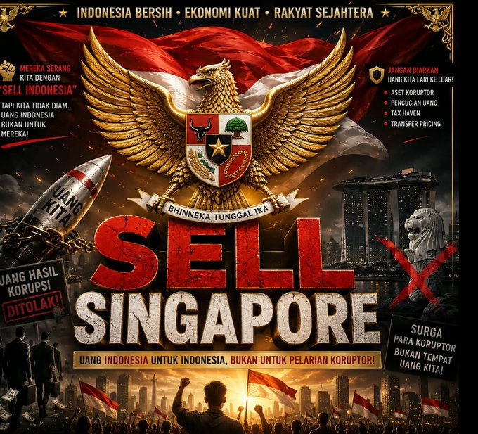 The image shows a poster for a movie called "Sell Singapore" featuring an eagle emblem and the words "Singapore" written below it. The poster also includes text that reads, "How do you know if a project is really growing or just looks busy on the surface? @useTria has been looking more and more serious about building its product S3 is now live with the $TRIA Points system, which tracks user activity across different features". This suggests that the poster might be promoting an upcoming movie release in Singapore.